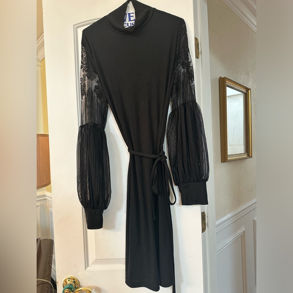 Black Turtleneck Midi Evening Dress with Lace Balloon Sleeves (w/ belt) Size XXL